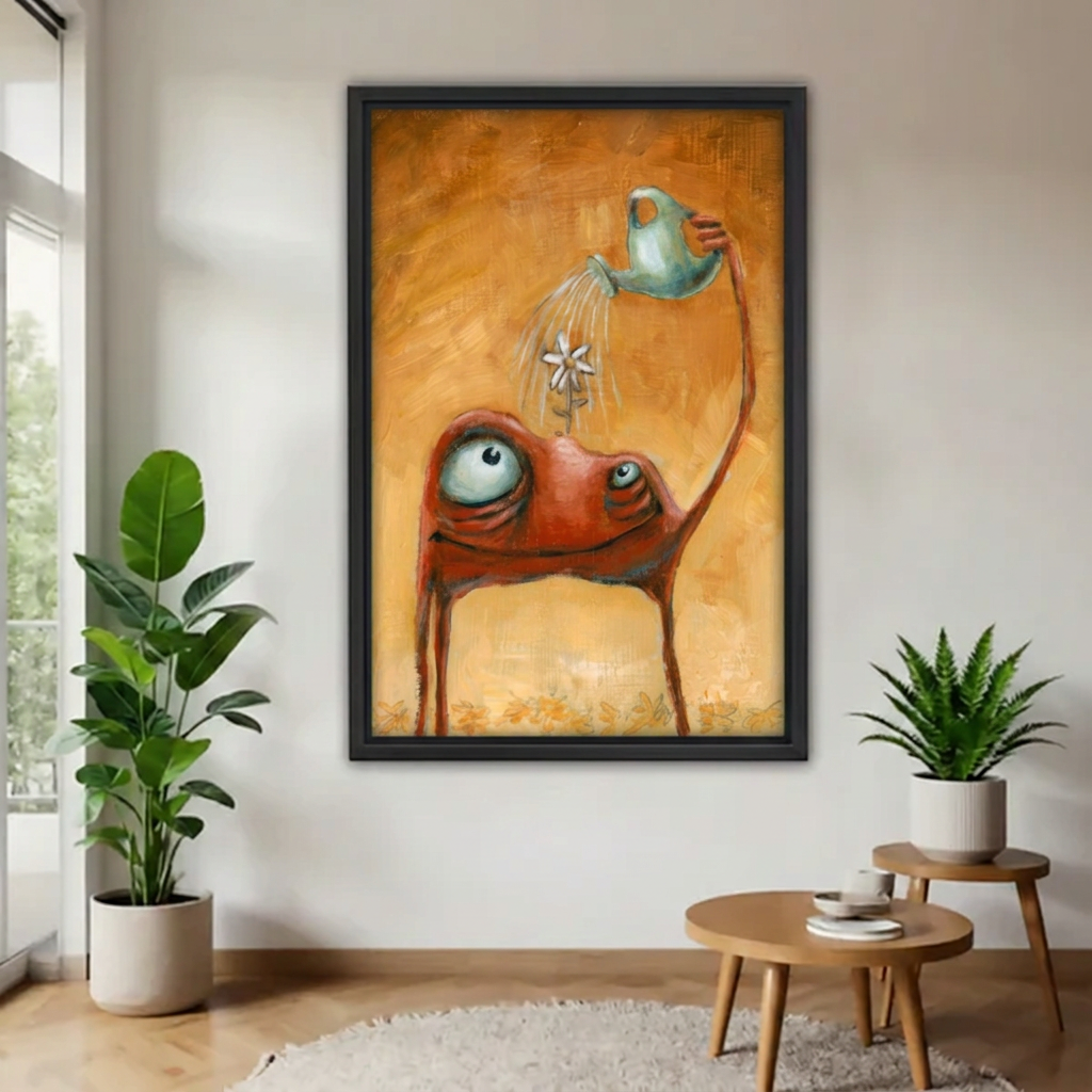 Black framed frog watering flower wall art with an orange background displayed between plants near a window.