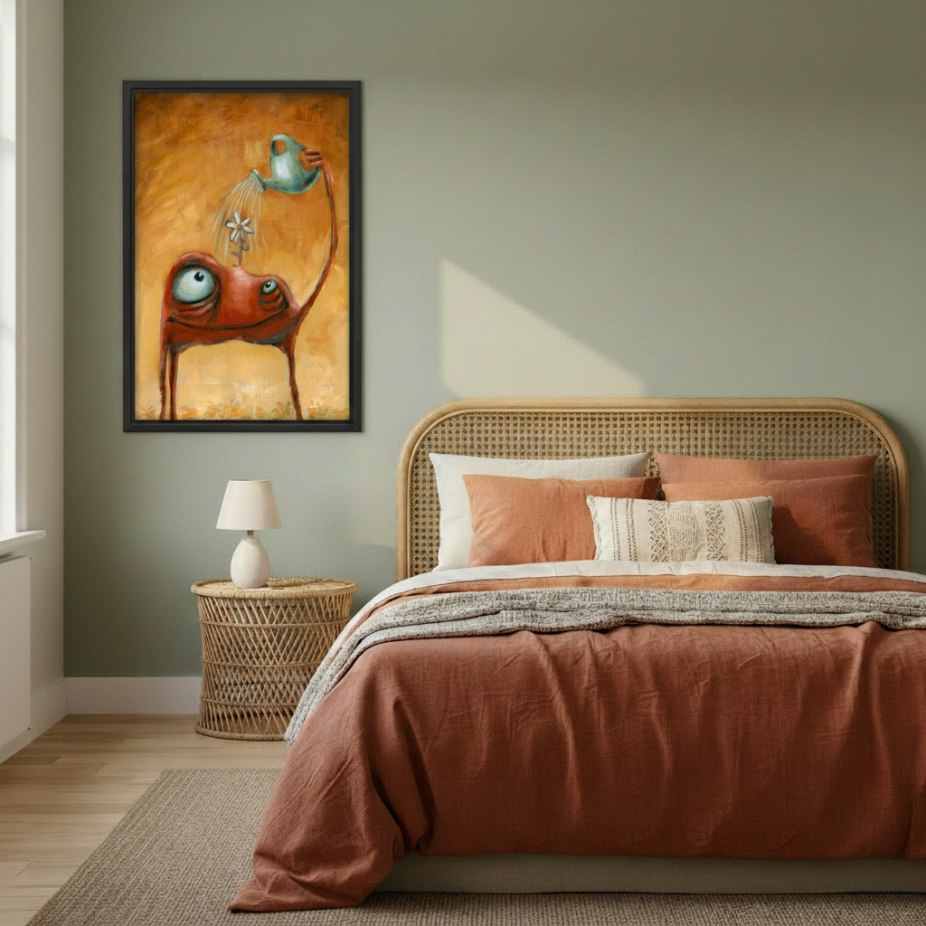 Black framed frog watering flower wall art on a sage green wall beside a rattan bed with terracotta bedding.