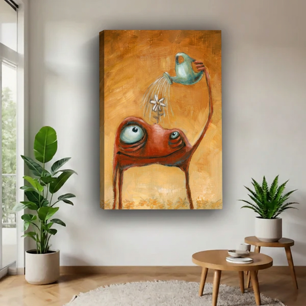 Unframed frog watering flower wall art beside a bright window, potted plants, and wooden nesting tables