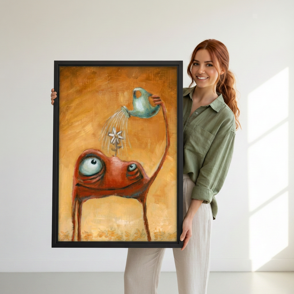 Smiling woman holding black framed frog watering flower wall art featuring a teal watering can and white flower.