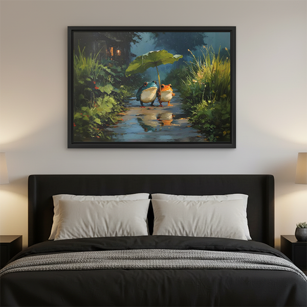 Framed frogs leaf umbrella canvas wall art hangs above a dark bed in a bedroom.