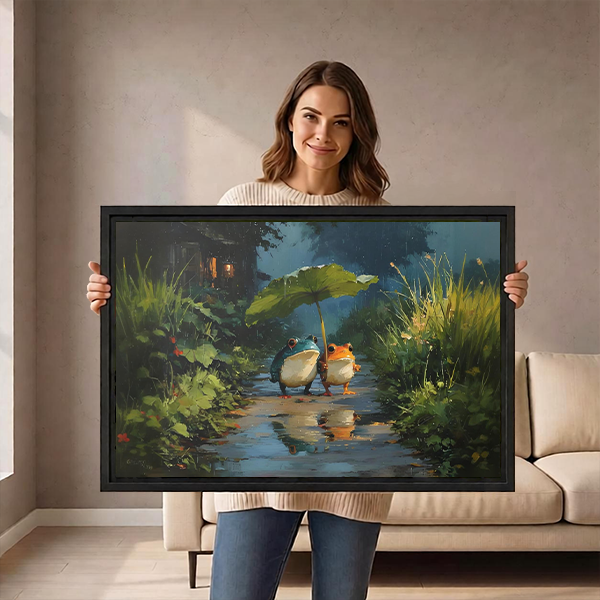Gallery-wrap frogs leaf umbrella canvas wall art with puddle reflections hangs above a wooden console.
