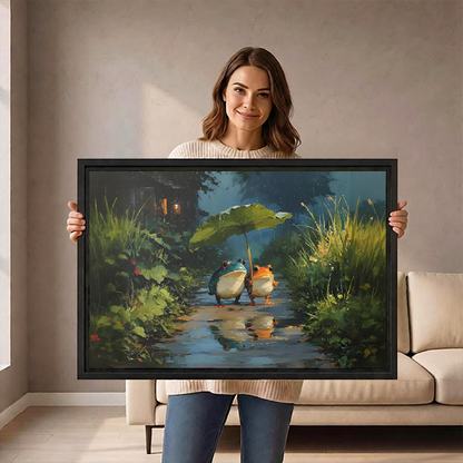 Gallery-wrap frogs leaf umbrella canvas wall art with puddle reflections hangs above a wooden console.