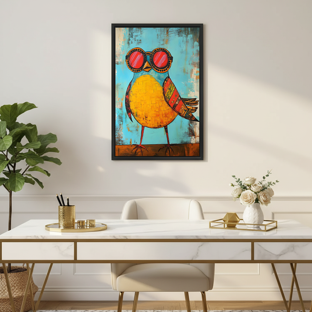 Framed funky yellow bird with red sunglasses folk art canvas print hanging above marble gold desk in elegant home office