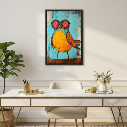 Framed funky yellow bird with red sunglasses folk art canvas print hanging above marble gold desk in elegant home office