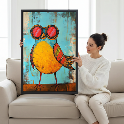 Woman holding large framed yellow bird with red sunglasses folk art canvas print showing size scale on white sofa