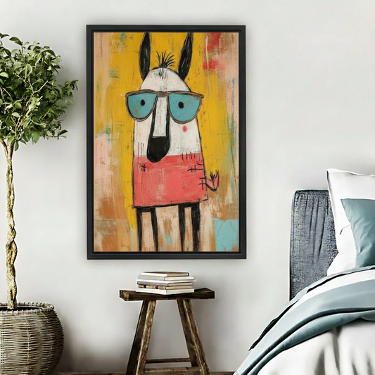 Funky street art dog black framed canvas wall art above wooden stool in cozy bedroom