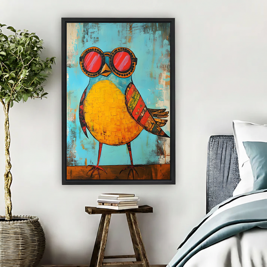 Funky yellow bird wearing red round sunglasses folk art framed canvas print displayed in cozy bedroom setting