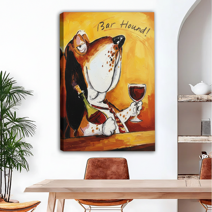 Funny bar hound dog canvas wall art, unframed gallery wrap above wood dining table, basset hound with wine bottle in warm golden oil painting style