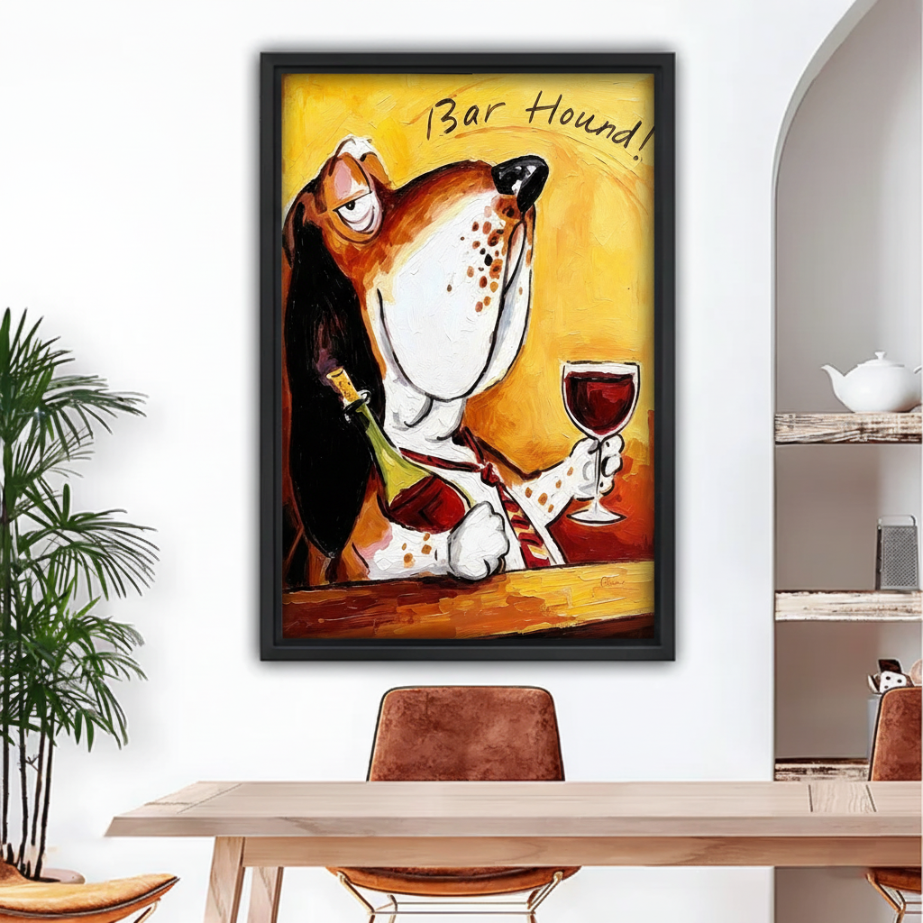  Funny bar hound dog canvas wall art in black float frame above wood dining table, basset hound with red wine in bold oil painting style
