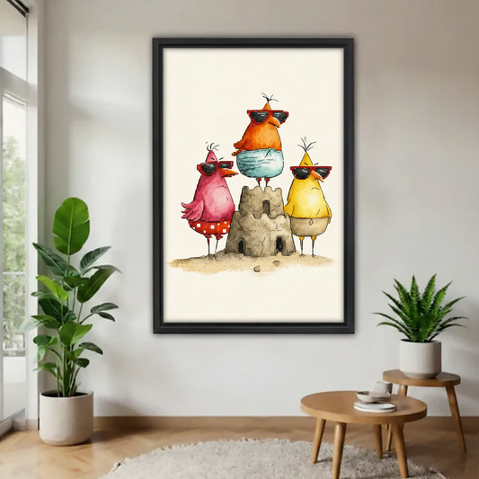 Funny summer birds illustration framed canvas art above cream sofa in bright modern living room
