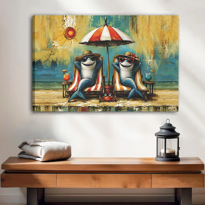 Framed beach sharks in deck chairs canvas wall art hanging above a bed with crisp white bedding
