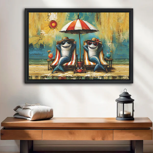 Smiling woman holding a large framed funny beach sharks with cocktails canvas wall art in a bright room