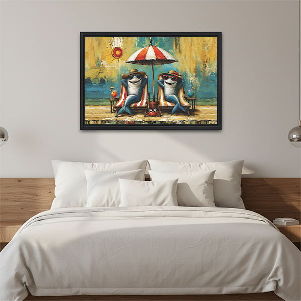 Unframed gallery-wrap funny beach sharks canvas wall art above a wooden console with a candle lantern