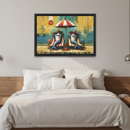 Unframed gallery-wrap funny beach sharks canvas wall art above a wooden console with a candle lantern