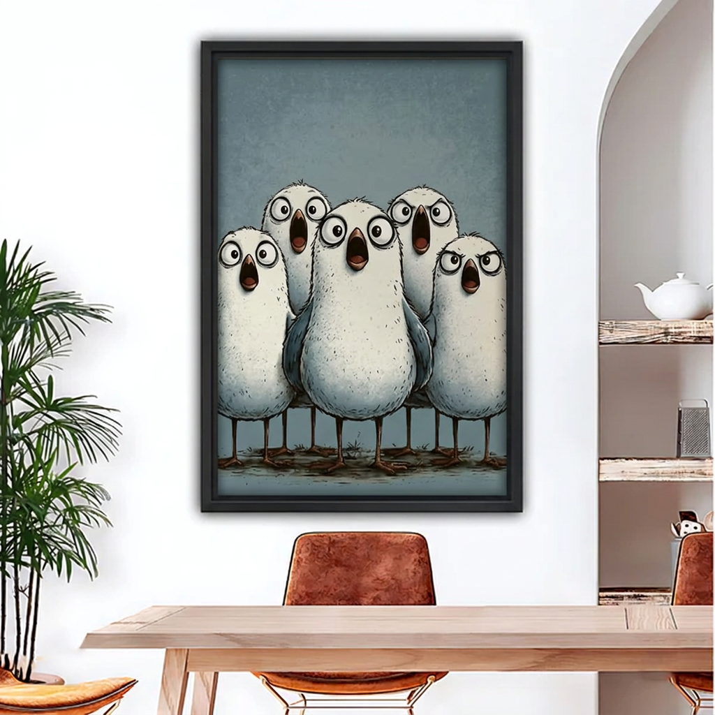 Framed funny birds canvas above a wooden dining table.