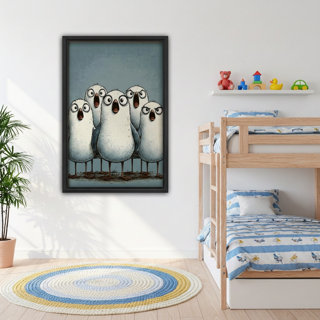 Framed funny birds canvas beside wooden bunk beds.