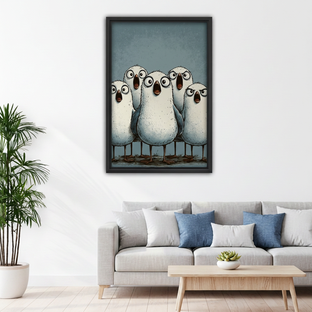 Framed funny birds canvas above a light gray sofa.