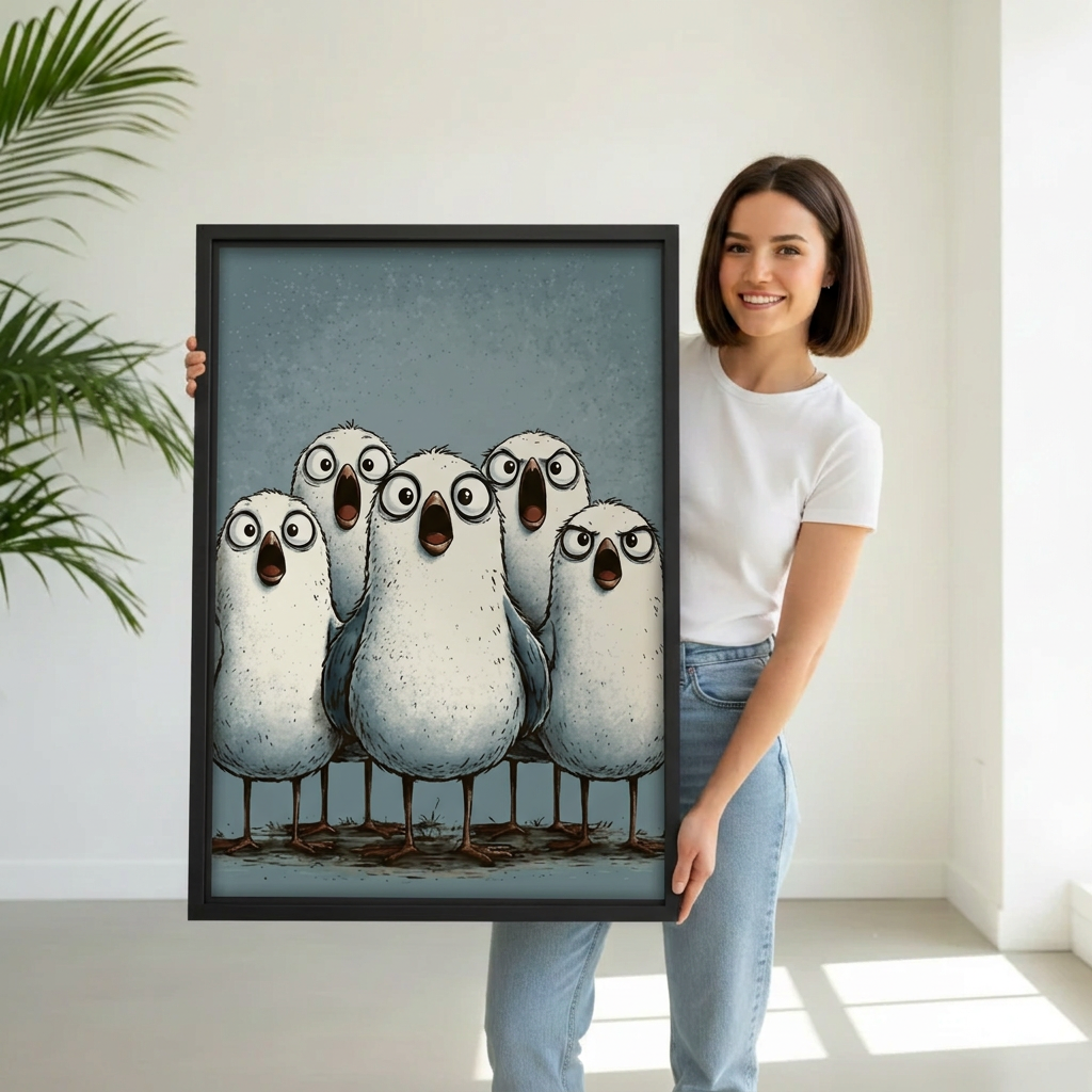 Woman holding framed funny birds canvas wall art.