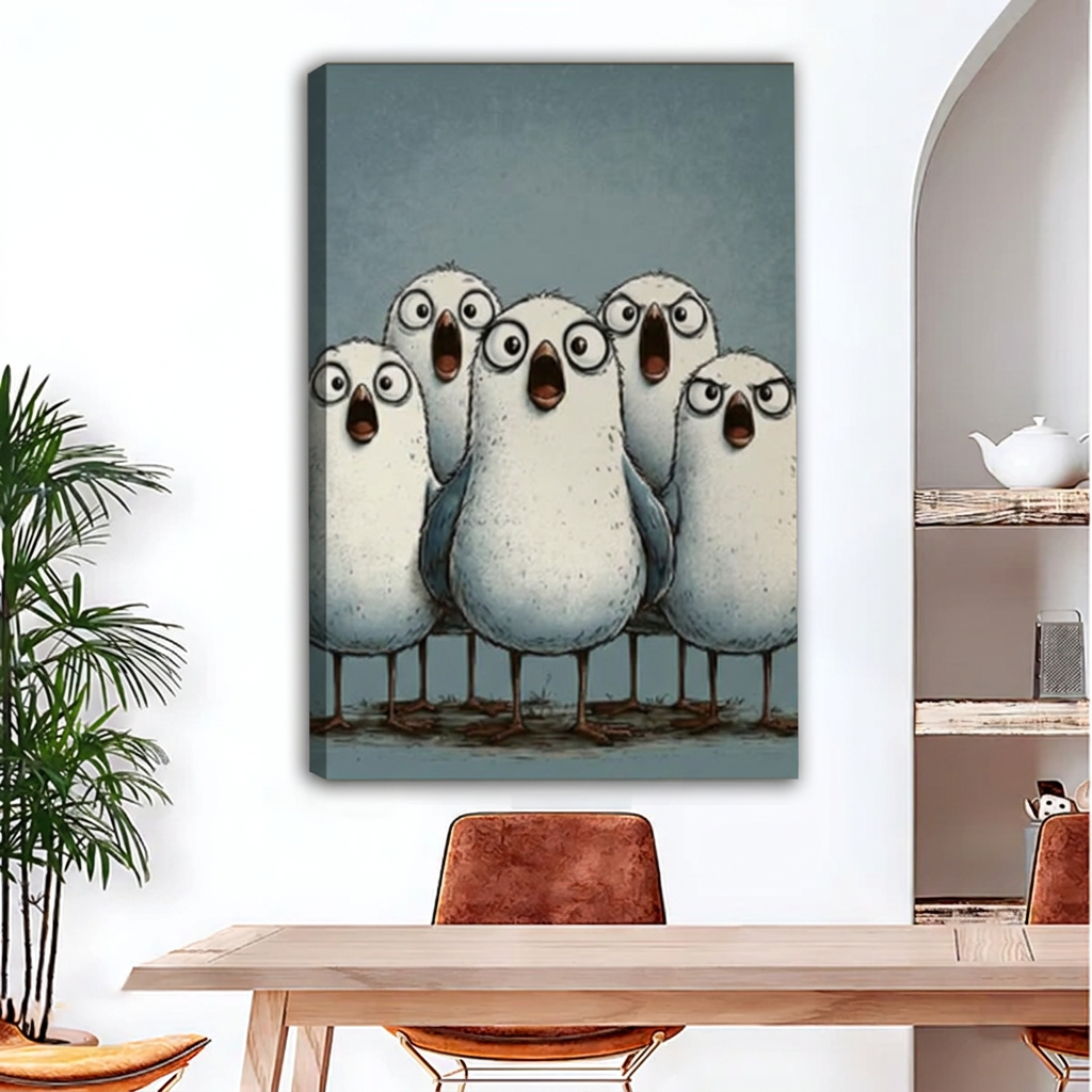  Unframed funny birds canvas with five wide-eyed birds on a blue background.