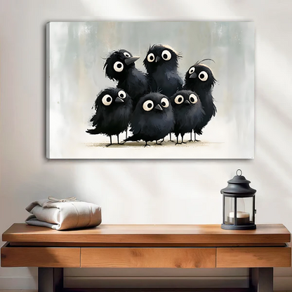 Funny black bird flock gallery wrap canvas print with six fluffy wide-eyed birds mounted above a wooden console with lantern
