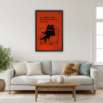 Funny black cat cocktail canvas wall art above a sofa, showing a relaxed cat in an armchair with a drink.