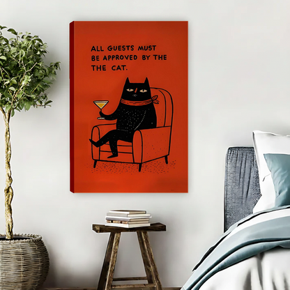 Unframed funny black cat cocktail canvas art displayed above a console, featuring an armchair, martini glass, and red background.
