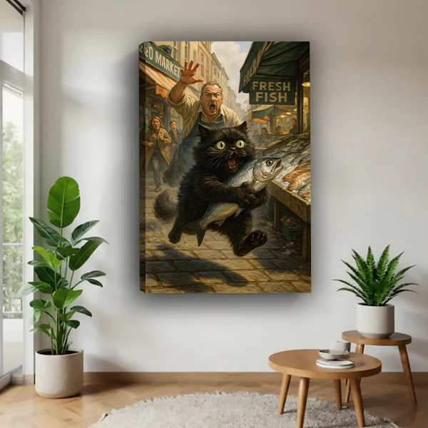 Funny black cat fish heist canvas print without frame floating on white wall in modern living room