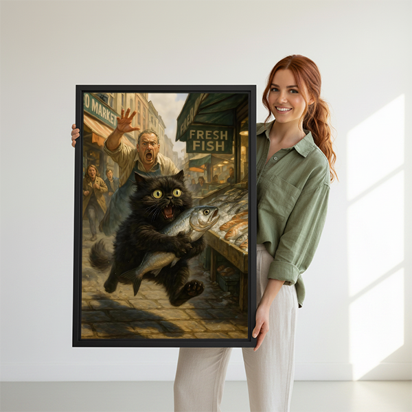 Smiling woman holding funny black cat fish heist framed art print showing size reference on white background