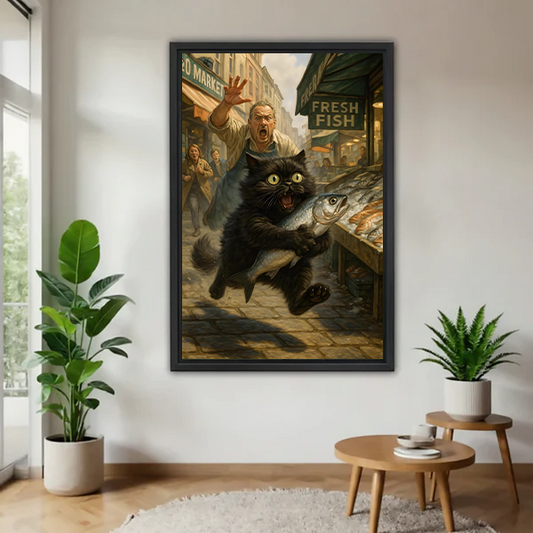 Funny black cat stealing fish framed canvas wall art with black frame displayed in bright living room with plants