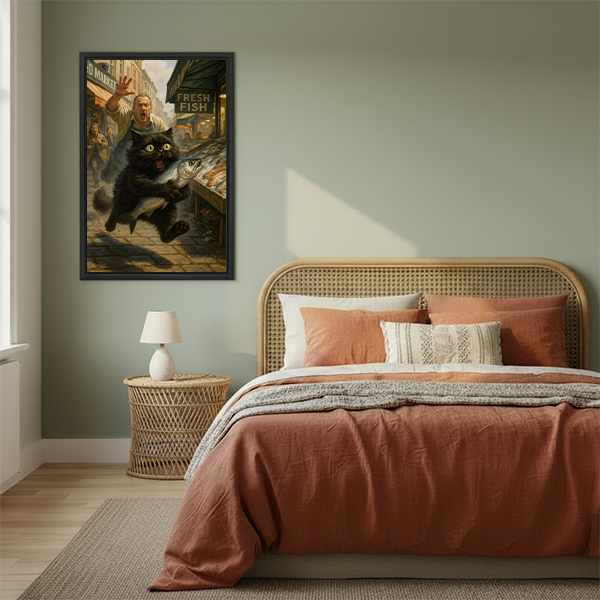 Funny black cat stealing fish framed canvas art on sage green bedroom wall above rattan headboard with warm boho bedding
