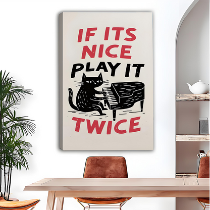 Framed funny black cat piano canvas wall art displayed beside a bunk bed in a colorful child's room.