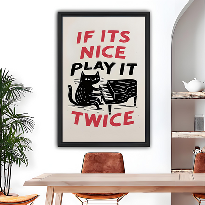 Woman holding framed funny black cat piano canvas wall art, showing the bold musical quote at full scale.