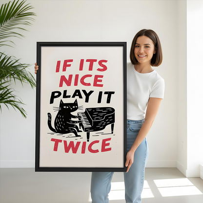 Unframed funny black cat piano canvas wall art featuring a black cat playing piano and retro quote.