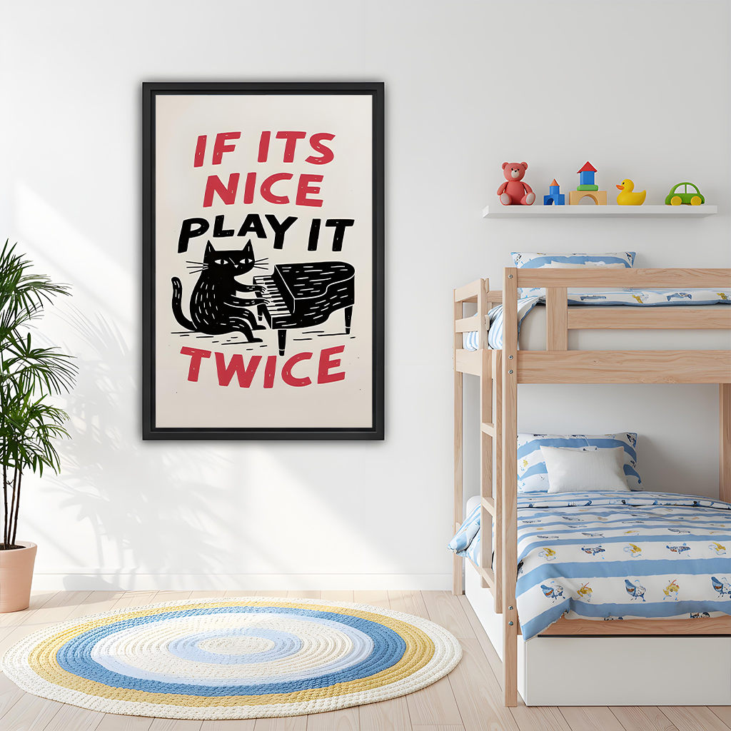 Unframed funny black cat piano canvas wall art displayed above a dining table in a bright room.