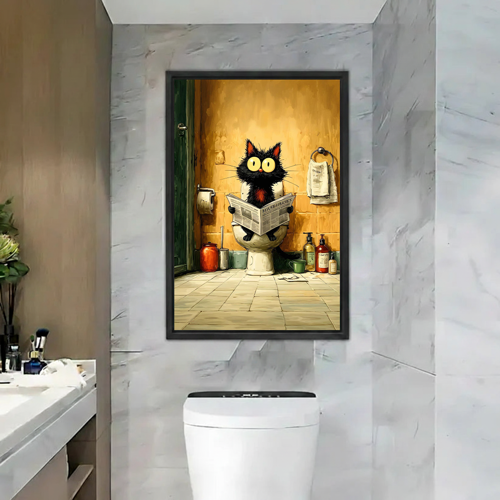 Funny black cat reading newspaper on toilet framed canvas print, whimsical bathroom wall art displayed in marble bathroom