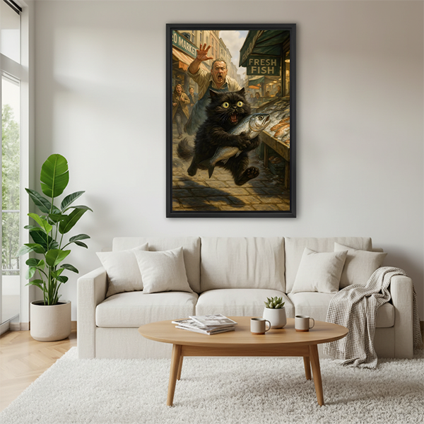 Funny black cat fish heist vintage framed wall art hanging above cream sofa in Scandinavian living room