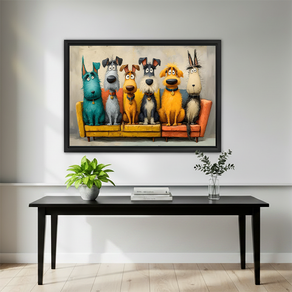 Funny cartoon dogs on sofa framed canvas art hung above black bench table in modern entryway