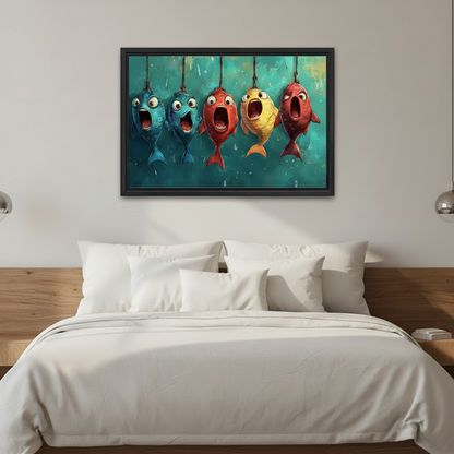 Funny cartoon fish canvas wall art in black frame hanging above wooden bed with white bedding in cozy bedroom