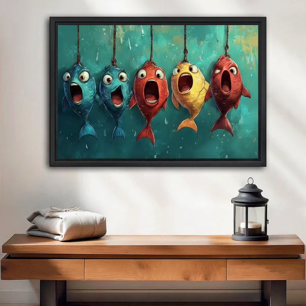 Funny cartoon fish framed canvas wall art in black frame displayed above warm wood console table with lantern decor