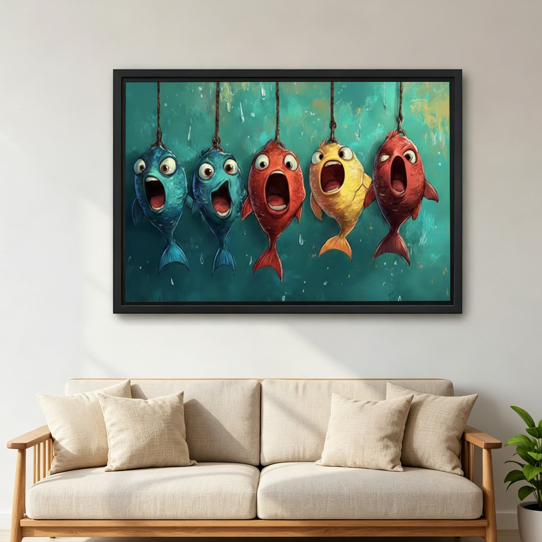 Funny cartoon fish canvas wall art in black frame above beige sofa in bright modern living room with plant