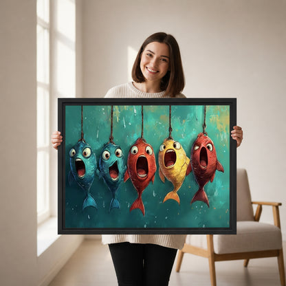 Smiling woman holding large funny cartoon fish framed canvas wall art showing size reference in bright studio