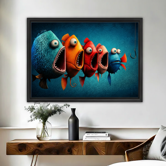 Funny cartoon fish framed canvas wall art hanging on white wall above wooden console table