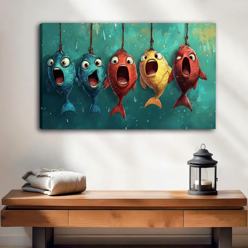 Funny cartoon fish gallery-wrap canvas wall art without frame above wooden entryway console table with lantern