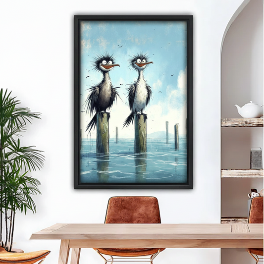 Funny cartoon seabirds framed canvas wall art hanging in modern dining room above wooden table