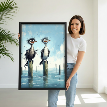 Woman holding large framed funny cartoon seabirds canvas wall art print in white room