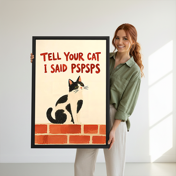 Retro funny cat canvas wall art showing a cat on red bricks above a light sofa.