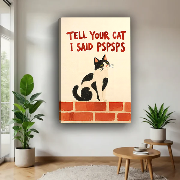 Black-framed funny cat canvas wall art featuring red lettering beside a rattan bed with rust-colored bedding.