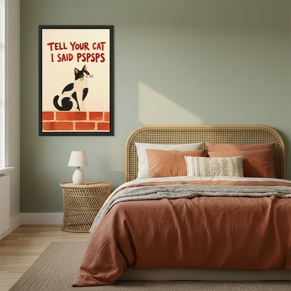 Woman holding framed funny cat canvas wall art with a black-and-white cat, red brick wall, and playful typography.