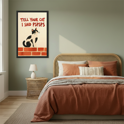 Woman holding framed funny cat canvas wall art with a black-and-white cat, red brick wall, and playful typography.